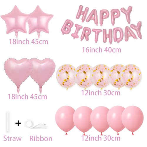 WEIKA 27 Pcs Pink Birthday Decorations, 3D Foil Pink Happy Birthday Balloon Banner, Pentagram Heart Foil Balloons Confetti Balloons Kit For Boys Girls Birthday Party Supplies