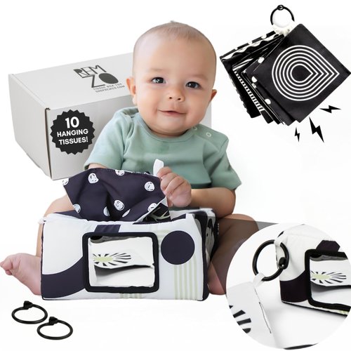 Baby Tissue Box Toy 3-in-1 w/ 10 Hanging Baby Crinkle Paper and Baby Tummy Time Mirror - High Contrast Baby Toys for Newborn - Sensory Montessori Magic Tissue Box Baby Toy - Crinkle Books for Babies