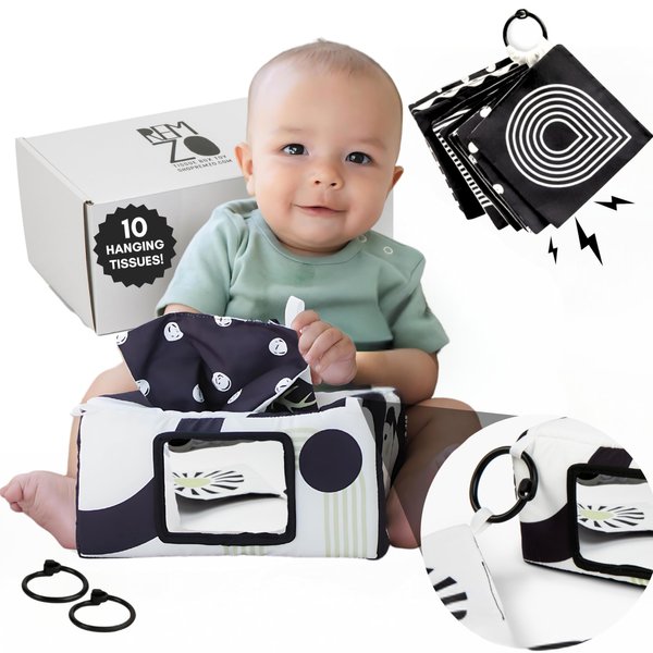 Baby Tissue Box Toy 3-in-1 w/ 10 Hanging Baby Crinkle Paper and Baby Tummy Time Mirror - High Contrast Baby Toys for Newborn - Sensory Montessori Magic Tissue Box Baby Toy - Crinkle Books for Babies