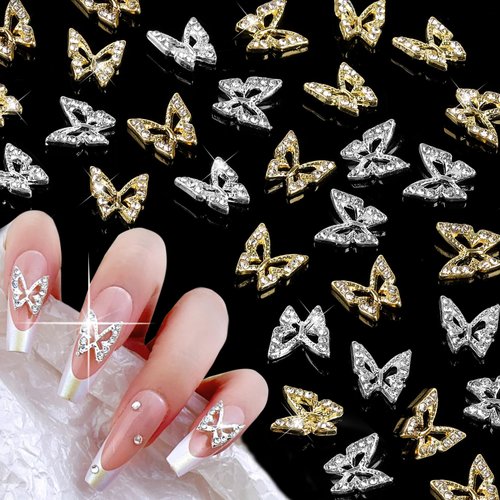 40pcs Nail Charms, 3D Butterfly Shape Charms, Butterflies Nail Charms Y2K for Acrylic Nails DIY Manicure Nail Art Decorations Supplies (Gold & Silver)