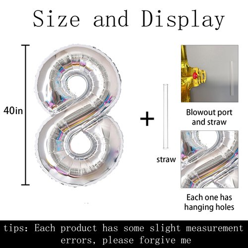 40 inch Big Size Number 8 Foil Helium Balloons Birthday Party Celebration Decoration, Digital Decorations Supplies, Wedding Anniversary Inch Decoration Kids(Silvery,Number 8)