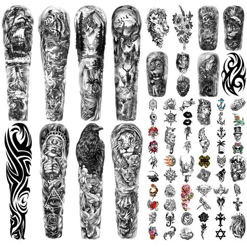 SOOVSY 46 Sheets Full Arm Temporary Tattoo with Lion, Temporary Tattoo Sleeves for Men, Fake Tatt...