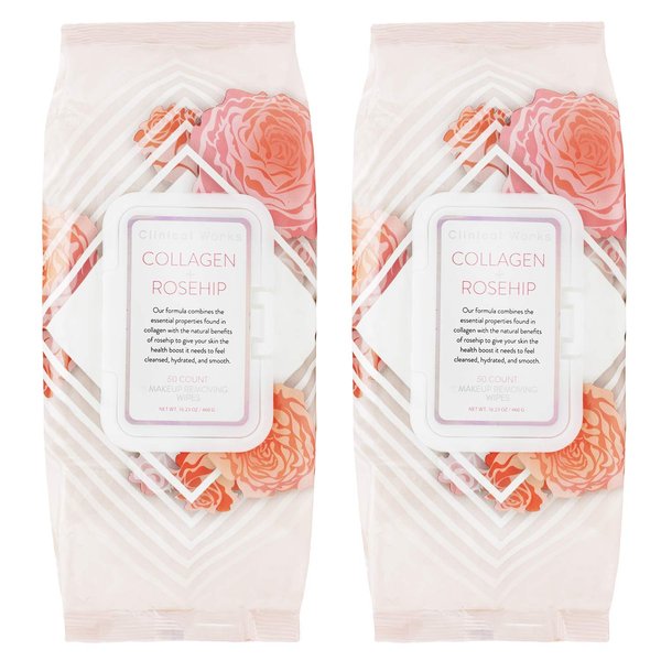 Clinical Works Makeup Remover Wipes Bulk Pack- Collagen and Rosehip Facial Cleansing Wipes, 2 Pack