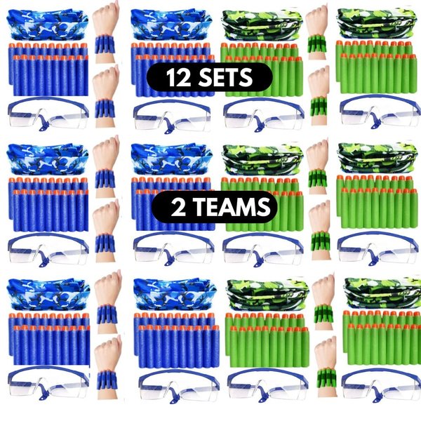 Wishery Accessories for Nerf Party Supplies, Nerf Party Favors - 12 Kids. Boys Nerf Gun War Birthday Pack. Darts, Glasses, Mask, Wrist Bullet Holder