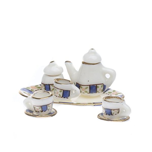 Factory Direct Craft Ultra Tiny Dainty Blue Stripe Painted Ceramic Tea Set for Dollhouse Displays, Crafting, and Creating