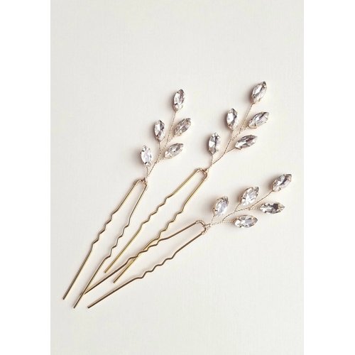 Kercisbeauty 3PCS Handmade Simple Crystal Leaf Leaves Hair Pins for Wedding Bridal Bridesmaids Flower Girls,Dancing Prom Party,Vintage Boho Hair Accessory(Gold)