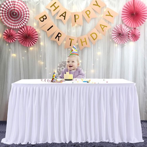 17ft White Table Skirts for Rectangle Tables Polyester Pleated Table Skirt Desk Skirts Ruffle Table Skirt Tablecloth for Wedding Birthday Party Baby Bridal Shower Banquet Table Decoration