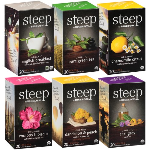 steep by Bigelow Organic Teas 6 Flavor Variety Pack, Mixed Caffeinated and Caffeine Free Teas, 20 Count (Pack of 6) 120 Total Tea Bags