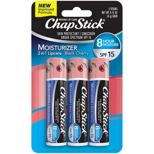 ChapStick Moisturizer 2-in-1 Lipcare SPF 15, Black Cherry, 3-Pack – Sunscreen Lip Balm with Aloe Vera and Vitamin E, 0.15 Oz Ea