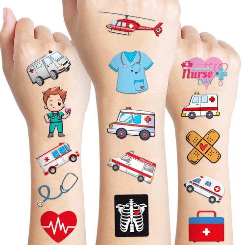 82 PCS Nurse Temporary Tattoos Sticker Ambulance Car Birthday Party Decorations Favors Supplies Nurse Graduation Decor Emergency Medical Hospital Doctor Stickers Boys Girls Gift School Prizes Rewards
