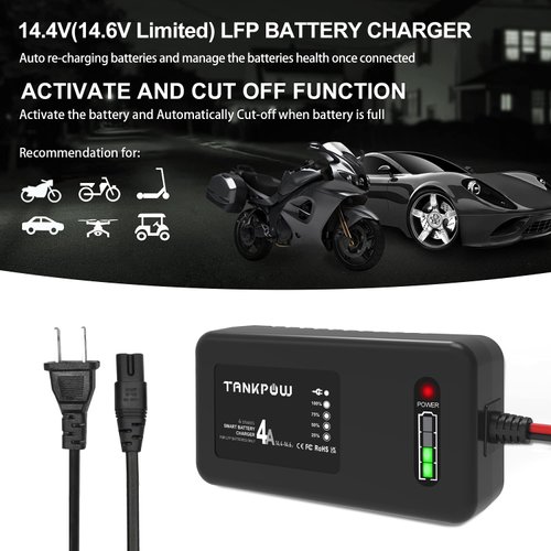 TANKPOW 4-Amp LiFePO4 Battery Charger,14.6 Volt LFP Lithium Battery Charger,4-Stages Lithium Iron Phosphate Battery Charger for Cars,Motorcycles,Lawn Mowers,Toy Cars,Golf Carts,UAV,Fishing Boat