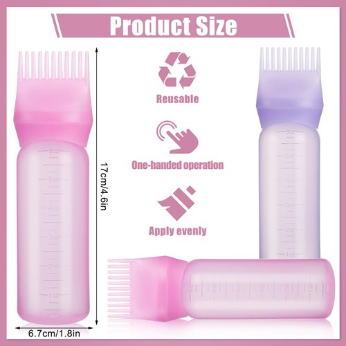Pimoys 2 Pack Root Comb Applicator Bottle 6 Ounce Oil Applicator for Hair Dye, Hair Oiling Applicator Brush with Graduated Scale, Pink and Purple