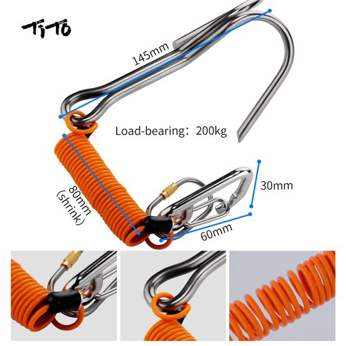 TiTo Titanium 1 Pcs Scuba Reef Hook, Scuba Diving Hook with Quick Release Buckle and Dive Spring Coil Lanyard Random Color (Double Hook)