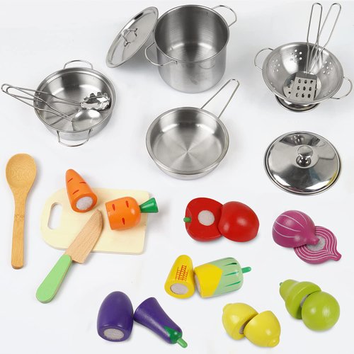 Sundaymot Play Kitchen Accessories, Wooden Play Food, Cooking Set with Stainless Steel Cookware Pots and Pans Utensils, Apron, Chef Hat, ​Cutting Food Kitchen Playset for Girls and Boys