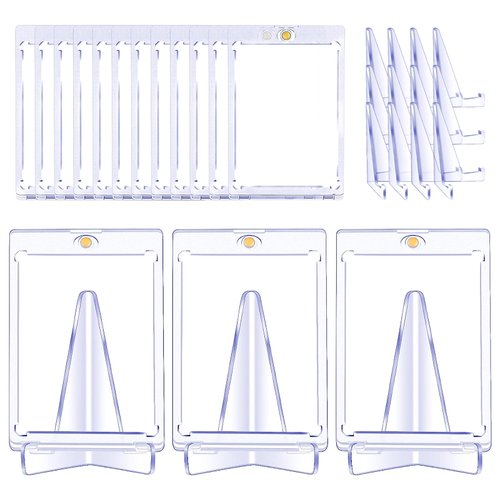 15 Pcs Trading Cards Protectors with 15 Pcs Display Stands Acrylic Baseball Card Holder 35 PT Magnetic Card Protectors for Baseball Football Sports Cards Storage and Display