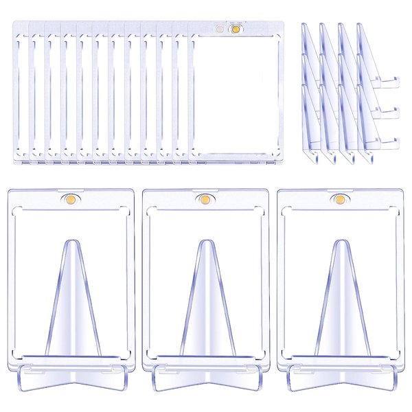 15 Pcs Trading Cards Protectors with 15 Pcs Display Stands Acrylic Baseball Card Holder 35 PT Magnetic Card Protectors for Baseball Football Sports Cards Storage and Display