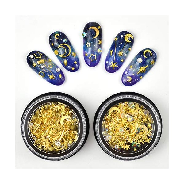 MEILINDS Gold Nail Studs Gems Sparkle Rhinestones Metal Rivets Charms Hollow Moon Star Shaped Artificial Pearls DIY 3D Nail Art Decoration(2 Boxes)