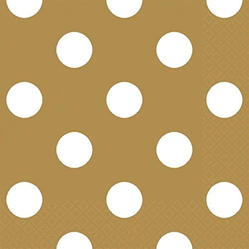 Amscan Disposable, Dots Beverage Napkins, One Size 16ct Party Supplies, 5" x 5", Gold/White