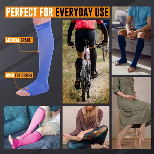 Doc Miller Open Toe Compression Socks, 20-30 mmHg, Toeless, Support Circulation, Shin Splints, Calf Recovery, Post Op, Knee High, Medical Grade, Blue Socks, Small Size for Men & Women, Pair