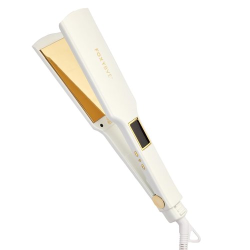 FoxyBae Flat Iron Hair Straightener - 1.75" TRÉS Sleek Grande Wide Plate Titanium Flat Iron - Dual Voltage Portable Hair Straightener Iron for Frizz Free, Shinier & Smoother Hair [Pearl White-Gold]