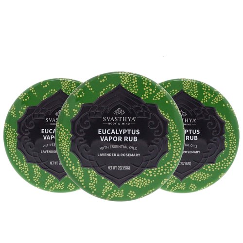 SVASTHYA BODY & MIND Eucalyptus Vapor Rub - Opens Nasal Passages& Moisturizes The Skin, Cough, Stuffy Nose & Congestion Relief, Olive Oil, Beeswax, Lavender, Rosemary -2oz (3-Pack)