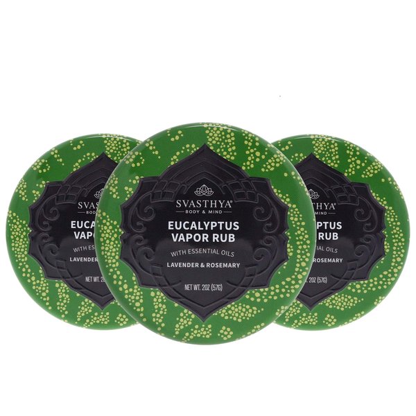 SVASTHYA BODY & MIND Eucalyptus Vapor Rub - Opens Nasal Passages& Moisturizes The Skin, Cough, Stuffy Nose & Congestion Relief, Olive Oil, Beeswax, Lavender, Rosemary -2oz (3-Pack)