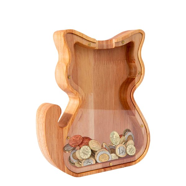 XJHEYLZ Piggy Bank,Cute Money Bank for Boys and Girls,Wooden Piggy Bank for Kids,Savings Box, Coin Bank, Savings Creative Saving Coin Jar for 3.4.5.6.7.8.9 Years Old and Daily Life. (Small, Cat)