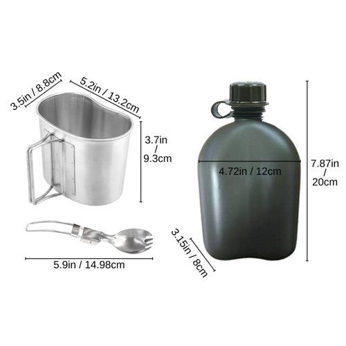 BeGrit Military Canteen Army Canteen WWII US G.I. Style Canteen Kit with Aluminum Cup Stainless Steel Foldable Spoon Fork for Hiking Backpacking Camping, 1 Quart Green