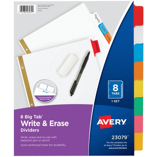 Avery 8-Tab Binder Dividers, Write & Erase Multicolor Big Tabs, 6 Sets (23079)