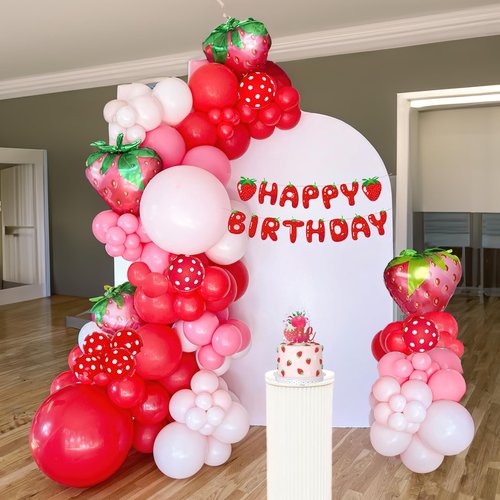 Strawberry Balloon Arch Kit- berry first birthday decor, 131pcs red and pink balloons with Strawberry Birthday Banner for Sweet Girl Berry Themed Birthday party and berry Baby Shower decoraion