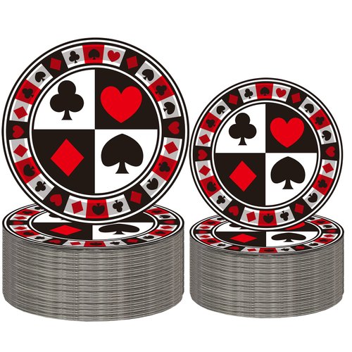 50Pcs Casino Party Supplies Poker Paper Plates Set 9"Playing Card Dinner Plates 7"Casino Plates for Casino Night Poker Game Theme Poker Card Playing Club Heart Poker Casino Birthday Party Decor