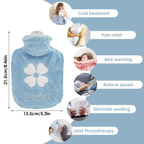 Hot Water Bottle, 500ml Small Hot Water Bottle with Cover Warm Water Bag with Soft Premium Faux Fur Cover 2-in-1 Water Bag for Cold & Hot Compress Mini Hot-Water Bag for Women Seniors Children Blue