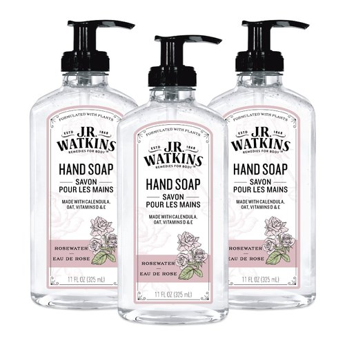 J.R. Watkins Gel Hand Soap With Dispenser, Moisturizing Hand Wash, All Natural, Alcohol-Free, Cruelty-Free, USA Made, Rosewater, 11 Fl Oz (Pack of 3)