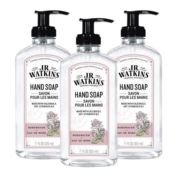 J.R. Watkins Gel Hand Soap With Dispenser, Moisturizing Hand Wash, All Natural, Alcohol-Free, Cruelty-Free, USA Made, Rosewater, 11 Fl Oz (Pack of 3)
