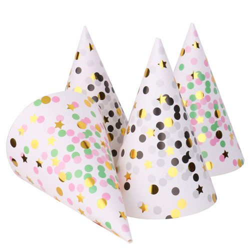 Boieo Party Hats Birthday Cone Hat for Adults Kids Gold Polka Dot Paper with Elastic String 12 pcs