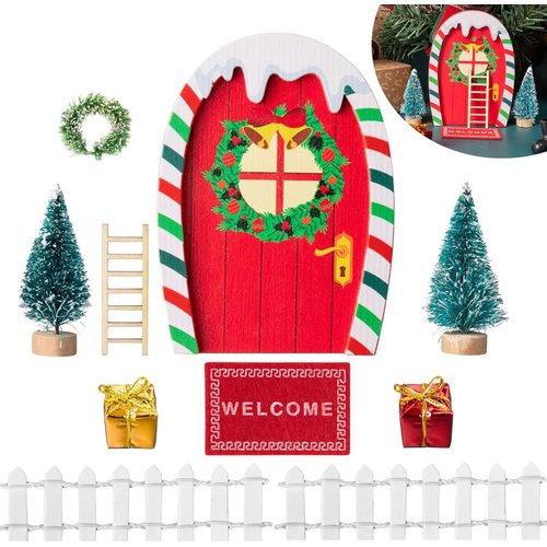 Haooryx 10Pcs Christmas Magic Miniature Tiny Fairy Wooden Doors Decorative Accessories, Welcome to Dollhouse Mini Entry for Fairies Magical Door Christmas Decorations Xmas Decor