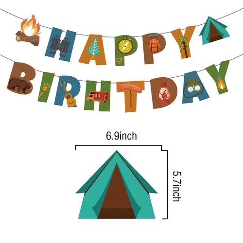 BIEUFBJI Camping Happy Birthday Banner, Camping Theme Happy Birthday Banner for Outdoor Yard Campsite Decor, Fun House Banner with Campfire Tent Oil Lamp Adventure Camping Birthday Party Decoration
