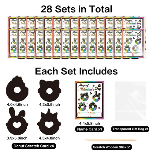 WATINC 28 Set Valentine's Day Animals Donut Scratch Cards with Valentine Card for Kids, Valentines Scratch Off Art Craft Kit, Exchange Gift DIY Magic Paper for Classroom School Party Favor