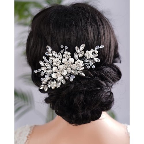 BERYUAN Silver Flower Black Crystal Rhinestone Hair Comb Pearls Teardrop Rhinestone Hair Piece Wedding Headband Pearls Flower Hairpiece for Wedding Women and Girls (BLACK)