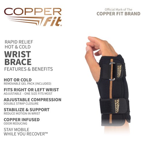 Copper Fit Unisex Adult Fingerless Rapid Relief Adjustable Wrist Wrap with Ice Pack or Heat Therapy, Black, Adjustable