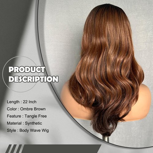 SOKU Body Wave Synthetic Lace Front Wigs 22 Inch Middle Part Wavy Wig With Baby Hair Ombre Brown Glueless Hair Replacement Wigs for Gifts Heat Resistant Fiber