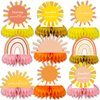 9PCS Groovy Hippie Boho Birthday Party supplies set Honeycomb Centerpieces Double Sided Table Topper for Boho Rainbow Birthday Party Decorations (Boho)
