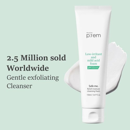MAKE P:REM Safe Me. Relief Moisture Cleansing Foam, Delicate Eye-Friendly Face Wash, pH Balanced Deep Pore Cleansing, Korean Skin Care, 150ml, 5.07 Fl.Oz.