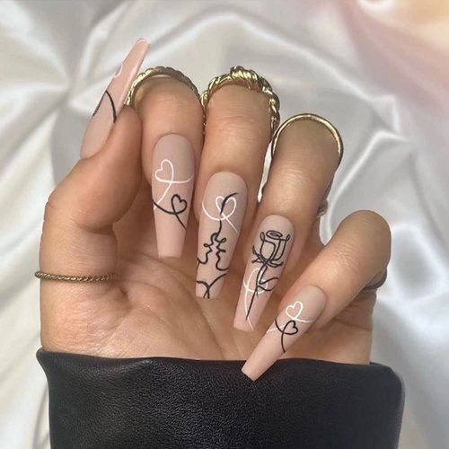 YoYoee Coffin Long False Nails Acrylic Swirl Fake Nails Full Cover Graffiti Press On Nails for Women and Girls 24 PCS