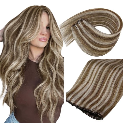 Sunny Hair Beaded Weft Hair Extensions Human Hair 50G Micro Bead Weft Hair Extensions Real Human Hair Straight Weft Hair Extensions with Micro Beads Easy Weft Light Brown with Blonde Highlight 20inch