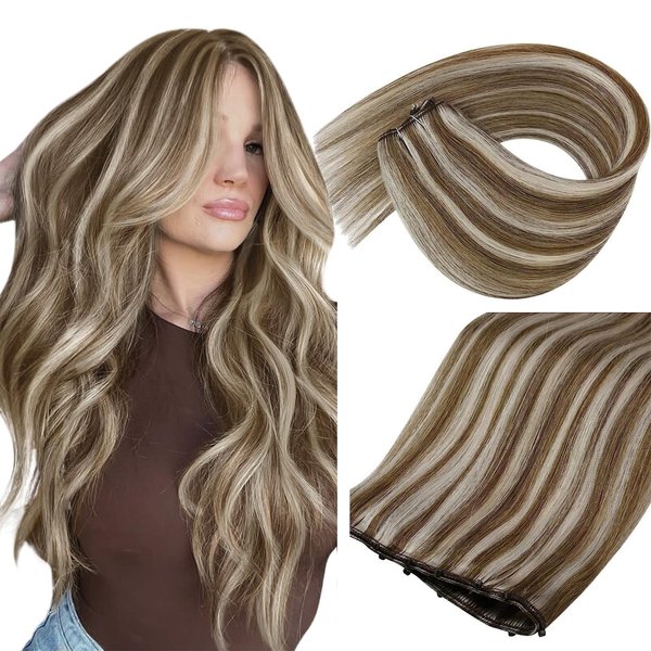 Sunny Hair Beaded Weft Hair Extensions Human Hair 50G Micro Bead Weft Hair Extensions Real Human Hair Straight Weft Hair Extensions with Micro Beads Easy Weft Light Brown with Blonde Highlight 20inch