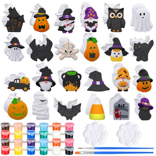 WinnerWhy 24 Sets Halloween DIY Painting Kits with Unpainted Ceramic Pumpkin Ghost Bat Skull Gnome Witch Hat Black Cat Ready to Paint for Classroom Activity Art Projects Halloween Gifts Party Decor