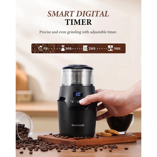 SHARDOR Adjustable Coffee Grinder Electric, Super Silent Electric Coffee Bean Grinder with Time-Memory Adjustment and Multi-Functional Stainless Steel Cup for Spices, Herbs, and Nuts Grinding, Black