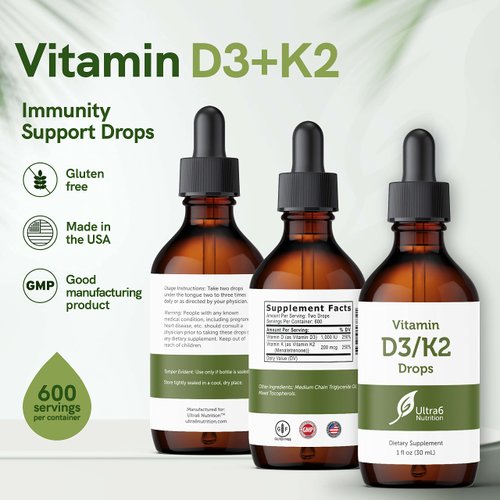 Ultra6 Nutrition Vitamin D and K2 Drops - Liquid Vitamin D3 with K2 Supplements for Adults and Kids - D3/K2 Vitamins Supplement for Supreme Absorption and Healthy Bones - Made in USA
