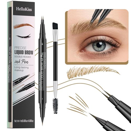 Magical Curved Brow Pen, Microblading Eyebrow Pencil, Trailott Eyebrow Pen 2 Fork Tip, HelloKiss Precise Liquid Brow Double Headed ink Pen Long-lasting Makeup Waterproof (1# Light Brown)
